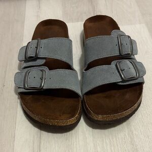 White Mountain Footbed Double Strap Buckle Sandals Blue Suede